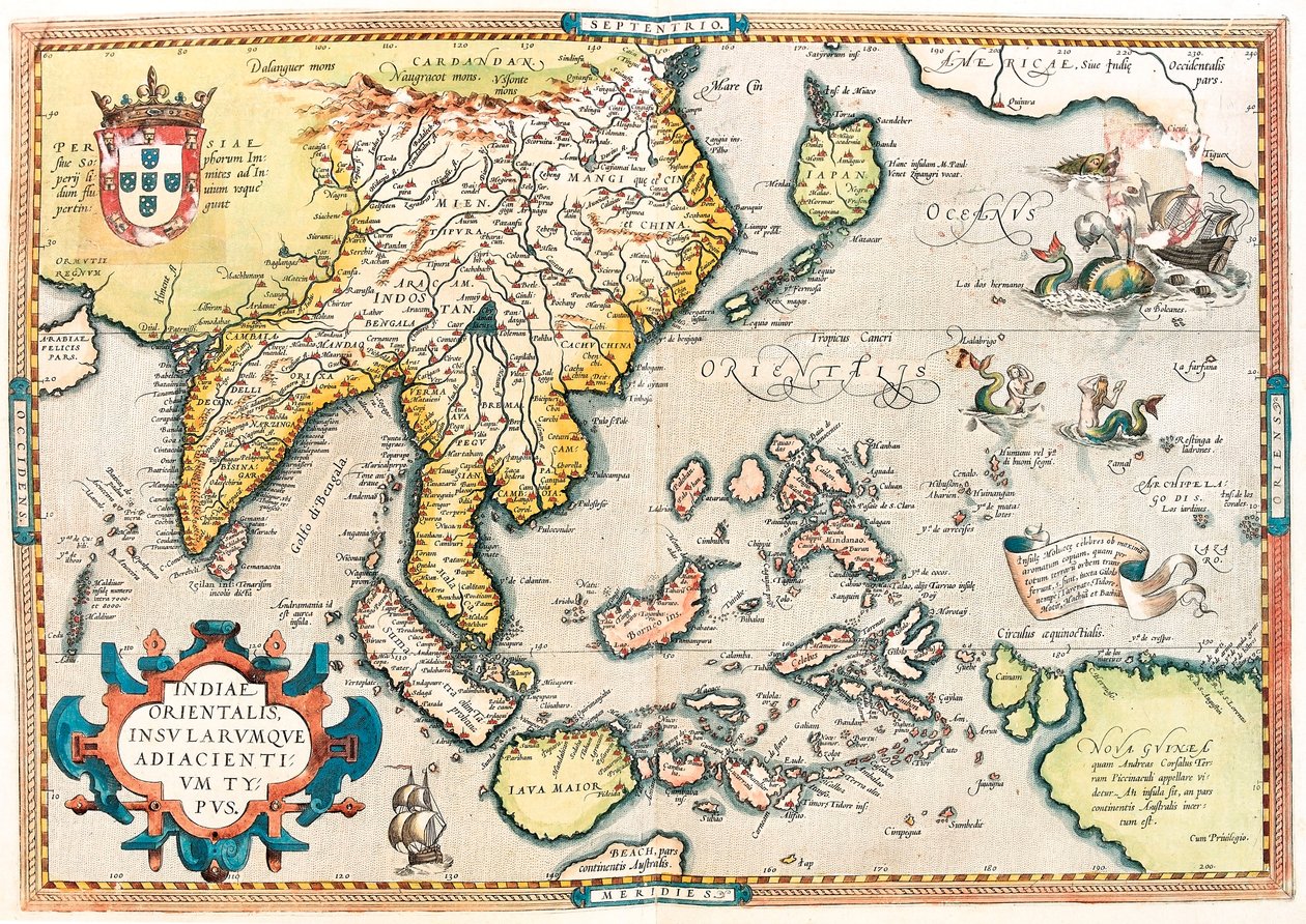 Východoindická společnost. Geografická mapa východní Indie a území jihovýchodní Asie z „Theatrum Orbis Terrarum“ od Abrahama Orteliuse (Oertel, Ortell nebo Ortel od Abraham Ortelius