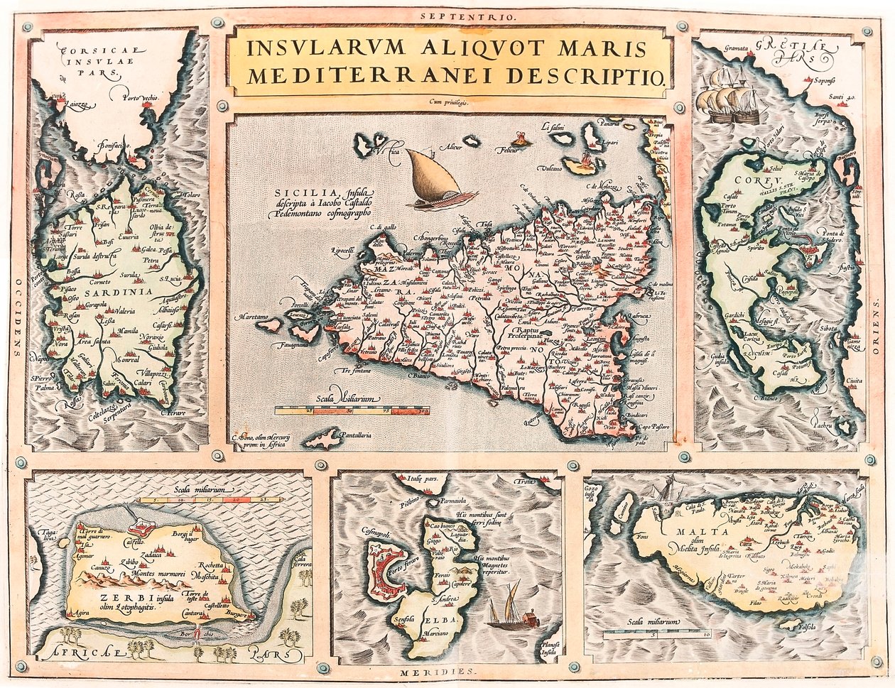 Popis několika ostrovů Středozemního moře. Zeměpisná mapa středomořských ostrovů Sicílie, Sardinie, Korfu, Malta, Djerba a Elba (Sicílie, Sardegna, Colfu, Malta Djerba, Elba) z "Theatrum Orbis Terrarum" od Abrahama Orteliuse (Oertel, Ortell od Abraham Ortelius