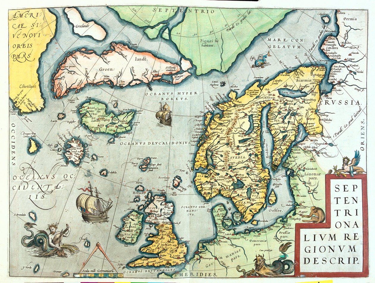 Irsko, Velká Británie, Island, Norsko, Švédsko, Finsko, Grónsko. od Abraham Ortelius