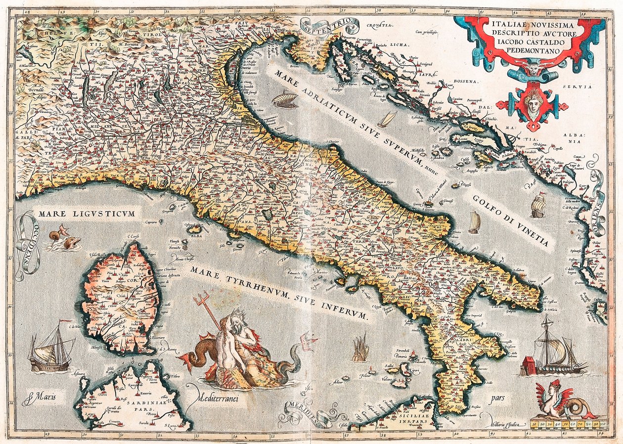Poslední popis Itálie od autora Jacob Castaldo Piedmontano Zeměpisná mapa území Itálie převzatá z „Theatrum Orbis Terrarum“ od Abrahama Orteliuse (Oertel, Ortell nebo Ortel od Abraham Ortelius