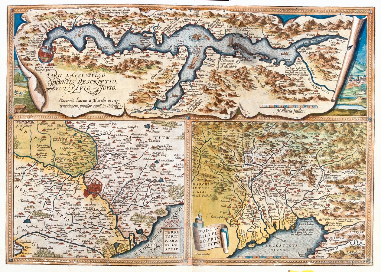 Komské jezero (Itálie; region: Lombardie), Řím (Itálie; region: Lazio), Terstský záliv (Itálie: region Friuli-Venezia Giulia; Slovinsko: tradiční region Slovinské přímoří; Chorvatsko: Istrijská župa) od Abraham Ortelius