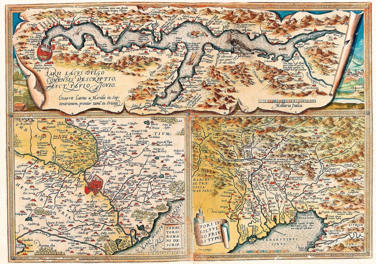 Jezero Larii se běžně nazývalo římské fórum Tertius. Geografická mapa severní Itálie z „Theatrum Orbis Terrarum“ od Abrahama Orteliuse (Oertel, Ortell nebo Ortel od Abraham Ortelius