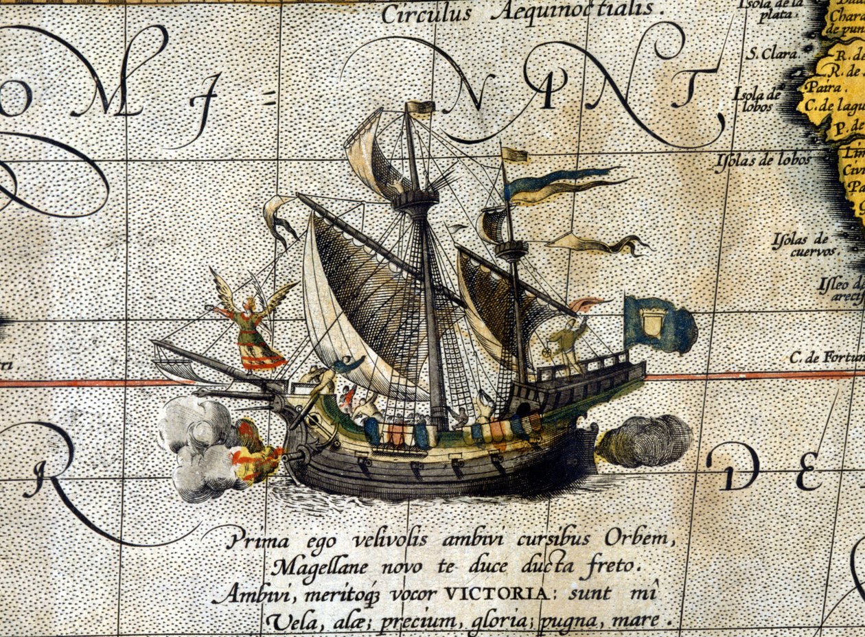 Magellanův člun „Victoria““, který proplouval Tichým oceánem zastoupený v holandském atlasu Abrahma Orteliuse (1580). od Abraham Ortelius