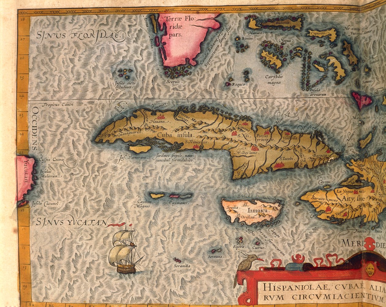 Mapa Kuby a Jamajky, z Theatrum Orbis Terrarum od Abrahama Ortelia, vytištěna v Antverpách od Abraham Ortelius