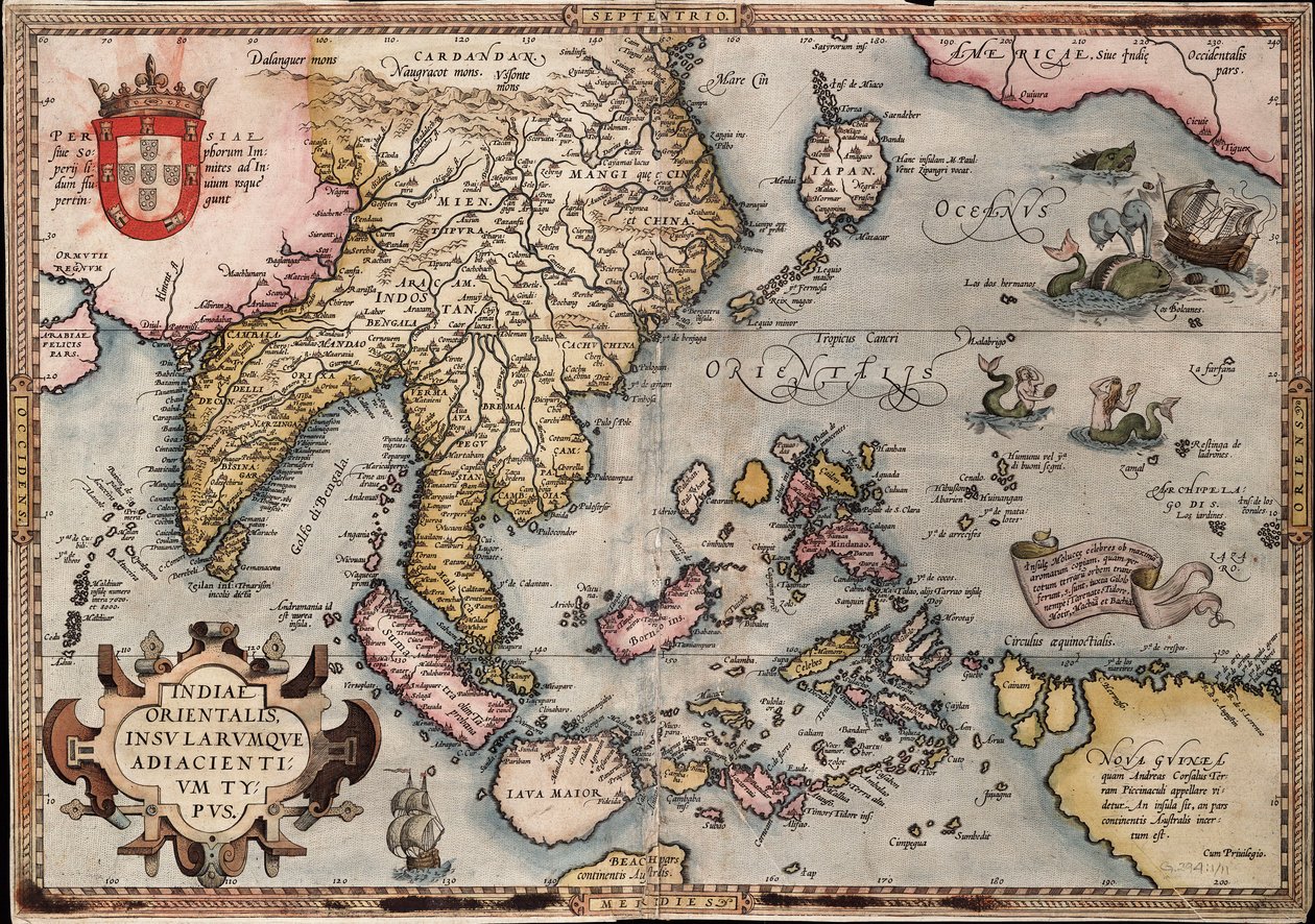 Orteliova mapa Východní Indie, asi 1570 (kolorovaná rytina) od Abraham Ortelius