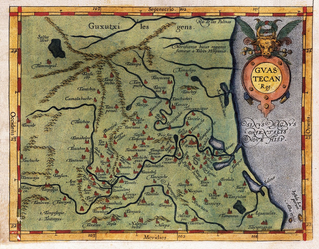 Mapa Mexického zálivu (Guastecan), z expedice Hernanda de Soto v roce 1570 (rytina) od Abraham Ortelius