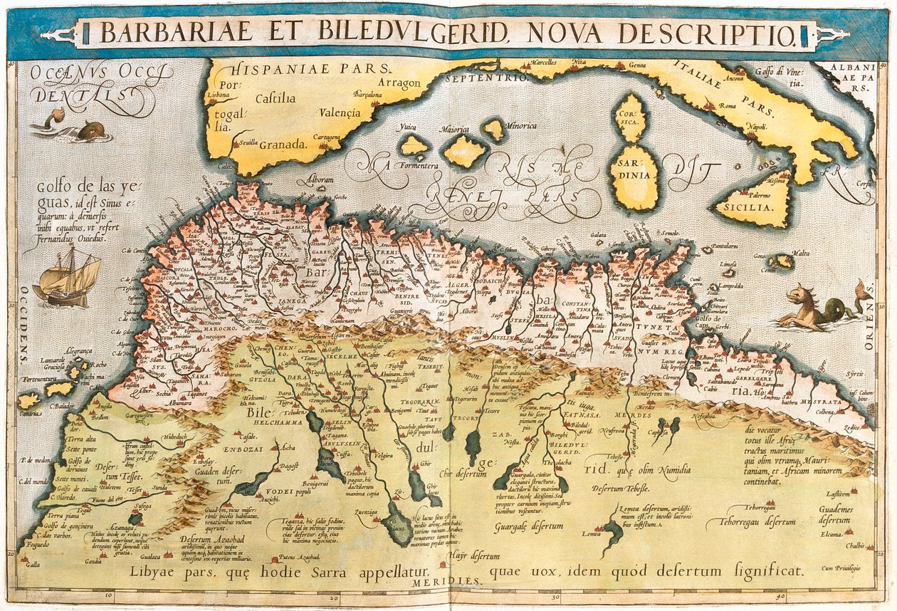 Maroko, Alžírsko, Tunisko, západní Libye, západní Sahara, Mauretánie, Senegal, Mali, Niger. od Abraham Ortelius