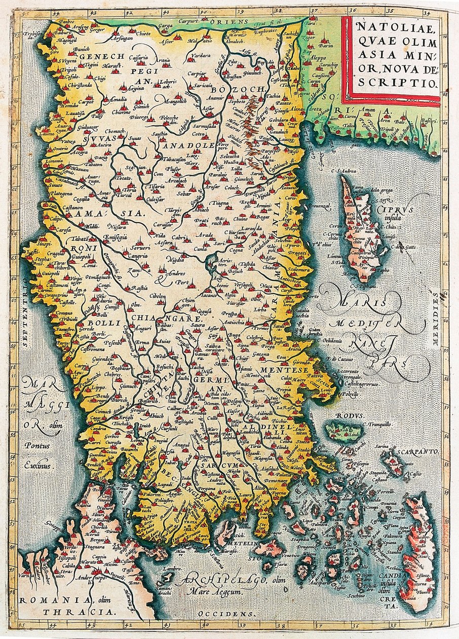 Natolia, Quae Olim Malá Asie Nova Popis Zeměpisná mapa území Malé Asie (Istanbul a Turecko s ostrovy Rhodos a Kypr) z „Theatrum Orbis Terrarum“ od Abrahama Orteliuse (Oertel, Ortell nebo Ortel od Abraham Ortelius