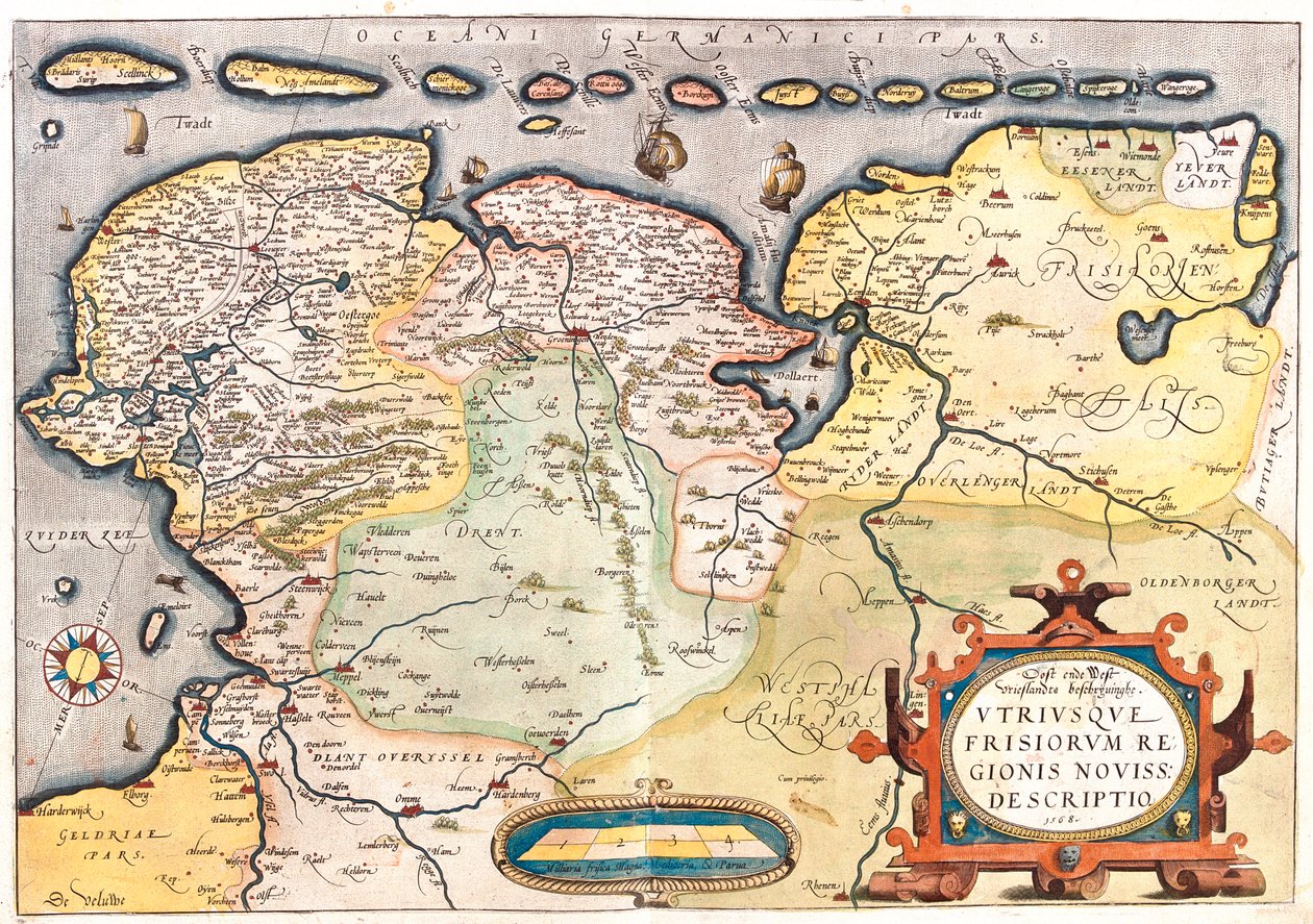 Nizozemsko (provincie: Overijssel, Flevoland, Drenthe, Friesland, Groningen), Německo (spolková země: Dolní Sasko, Severní Porýní-Vestfálsko) od Abraham Ortelius