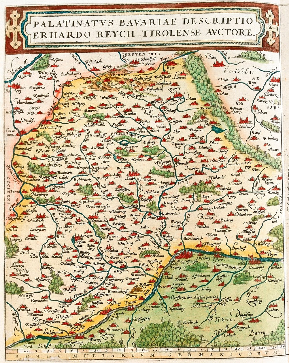 Falc Bavorsko Zeměpisná mapa území Baviere v Německu z "Theatrum of the World" od Abrahama Ortelia (Oertel, Ortell nebo Ortel od Abraham Ortelius