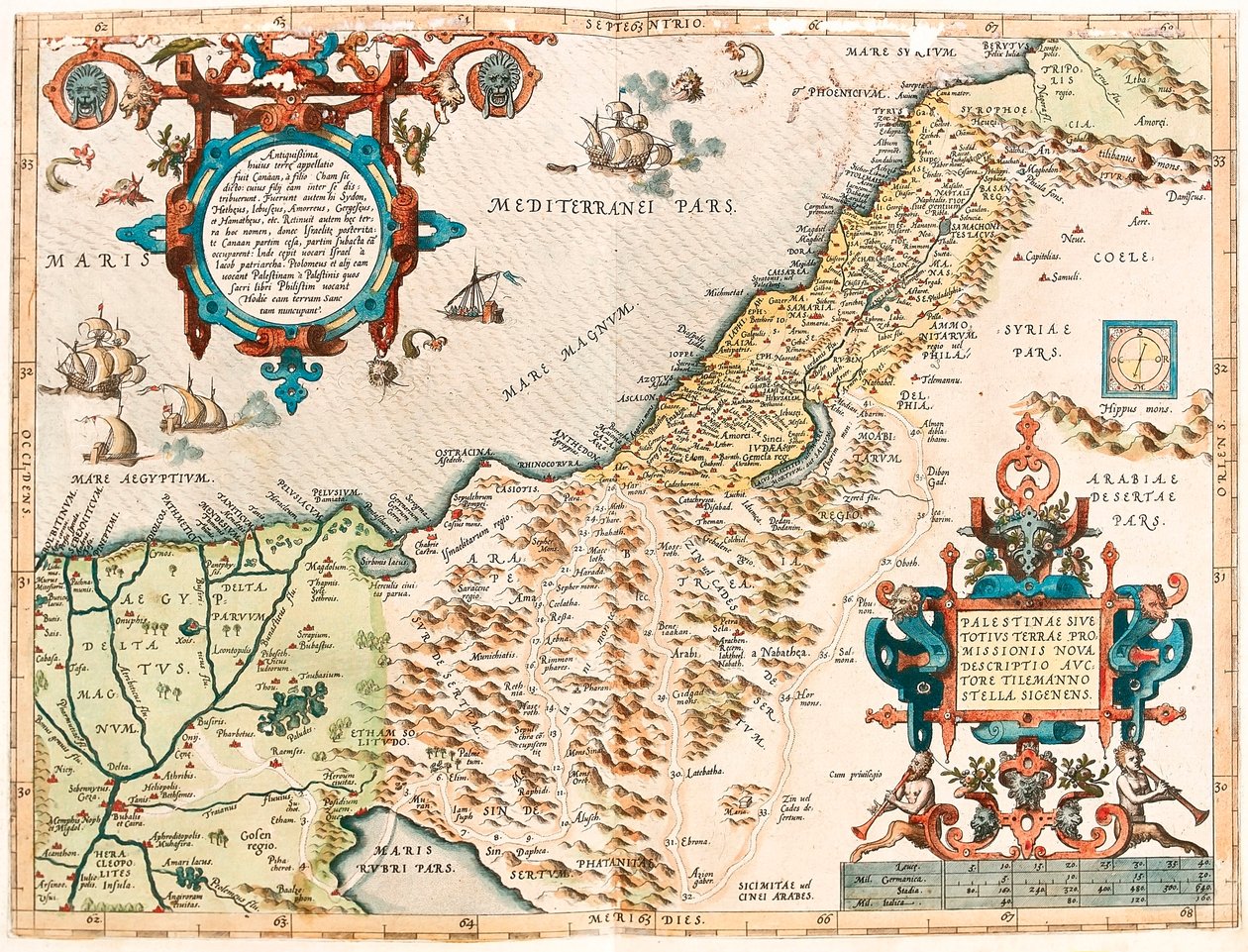 Palestina nebo celá Zaslíbená země zeměpisná mapa území Palestiny z „Theatrum Orbis Terrarum“ od Abrahama Orteliuse (Oertel, Ortell nebo Ortel od Abraham Ortelius
