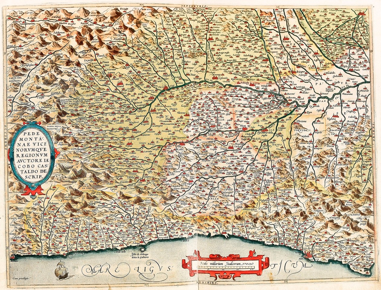 Regiony Piemontese a Vicino Geografická mapa území Itálie od Monaka ve Francii po Genes a procházející provinciemi Imperia de Savona a Janov z „Theatrum Orbis Terrarum“ od Abrahama Ortelia ( od Abraham Ortelius