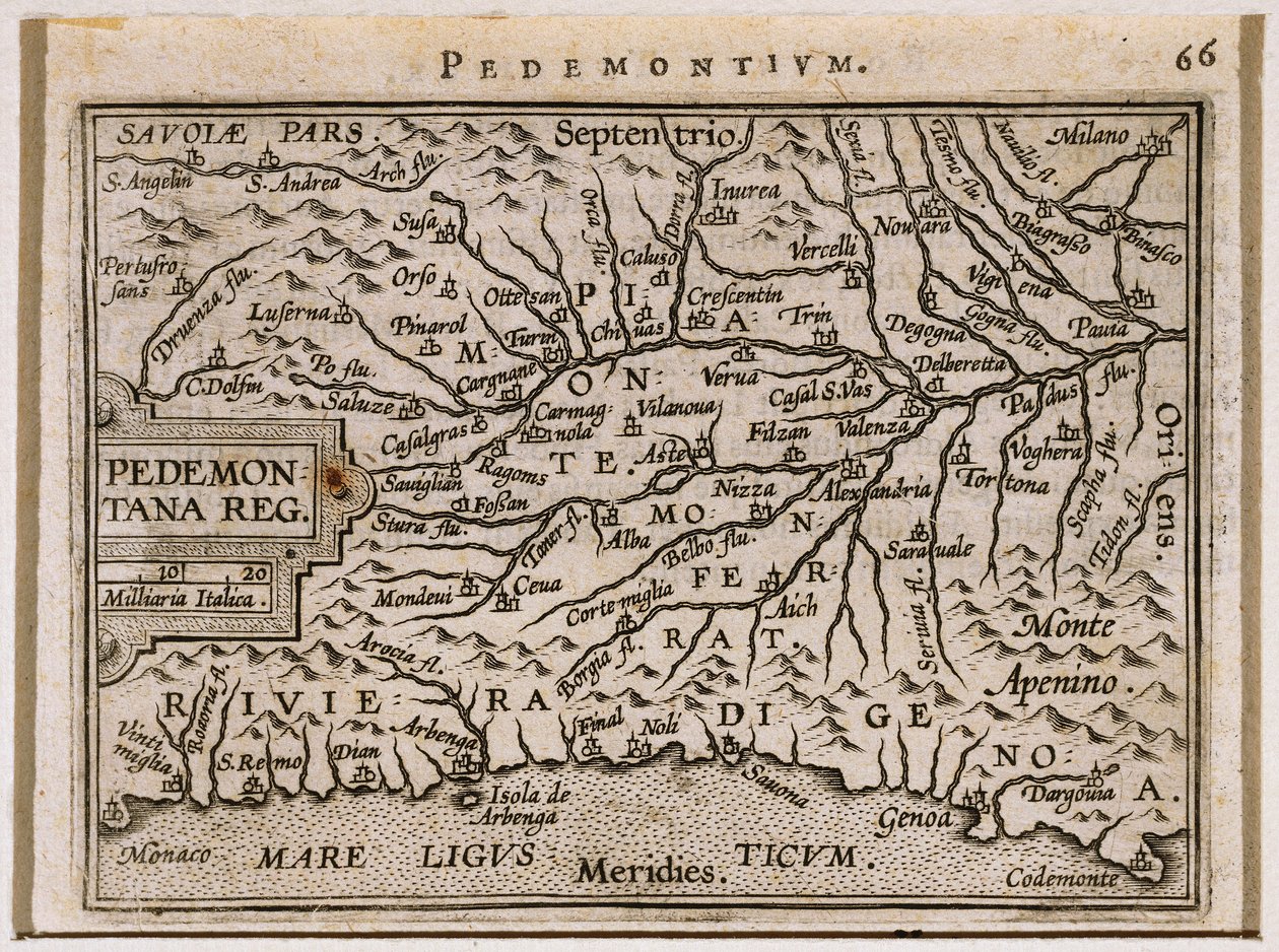 Regiony Piemont a Západní Ligurie. Z Theatrum Orbis Terrarum od Abrahama Ortelia od Abraham Ortelius