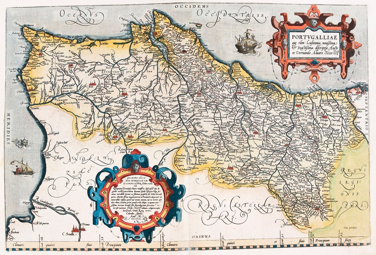 Portugalská zeměpisná mapa území Portugalska z „Theatrum Orbis Terrarum“ od Abrahama Orteliuse (Oertel, Ortell nebo Ortel od Abraham Ortelius