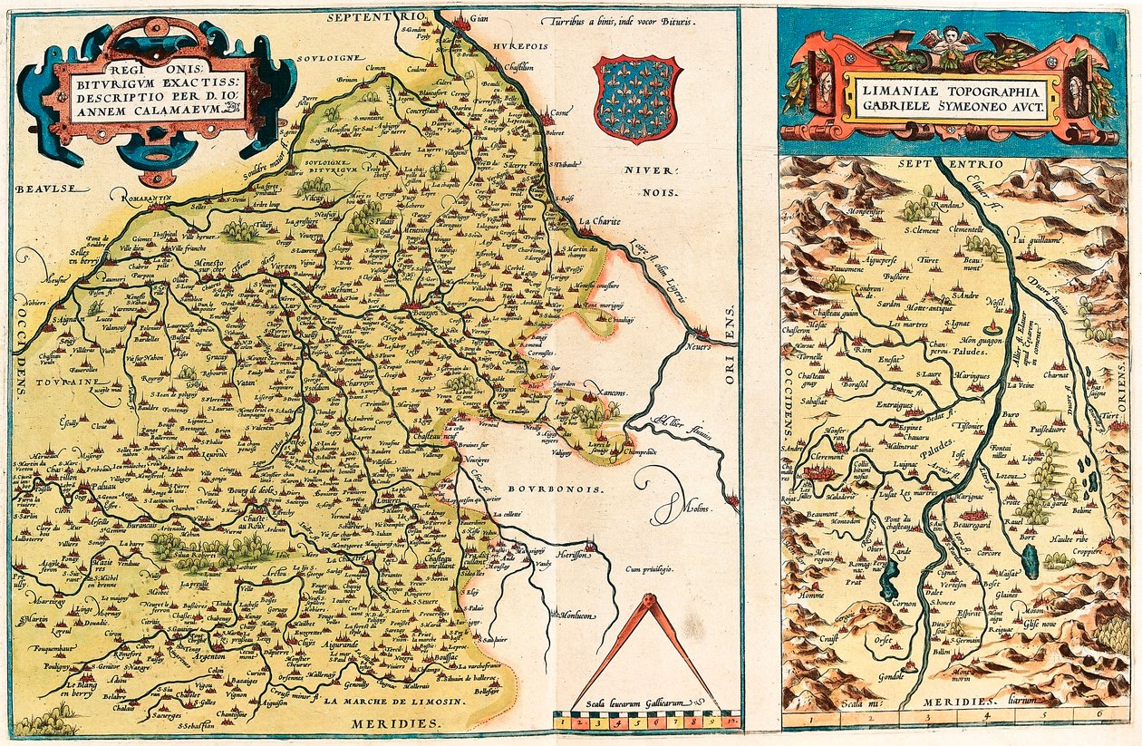 Geografická mapa území Bourges a regionu centra v Galii (Francie) z "Theatrum Orbis Terrarum" od Abrahama Orteliuse (Oertel, Ortell nebo Ortel od Abraham Ortelius