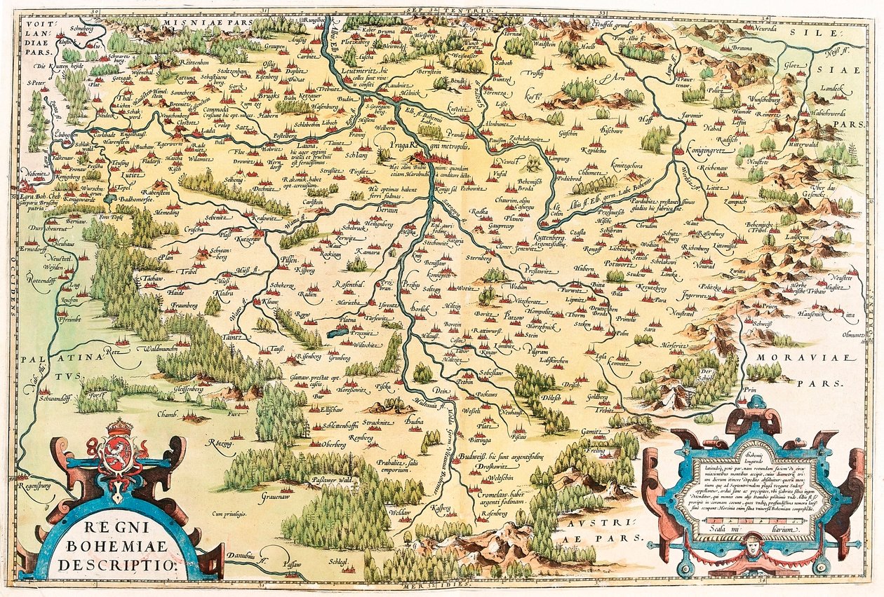 Popis Království českého Zeměpisná mapa území Bohémy z "Theatrum Orbis Terrarum" od Abrahama Orteliuse (Oertel, Ortell nebo Ortel od Abraham Ortelius