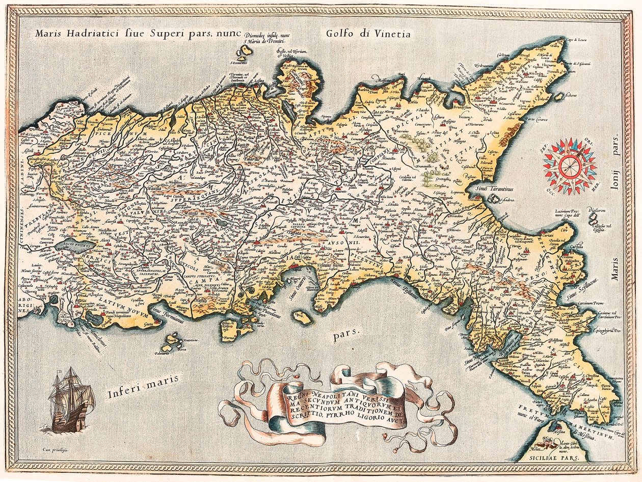 Nejpřesnější popis vlády Neapolců, podle tradice starověku a moderny, Pyrrhus Ligorius auct. Zeměpisná mapa území Neapolského království v Itálii z „Theatrum Orbis Terrarum“ od Abrahama Orteliuse (Oertel, Ortell nebo Ortel od Abraham Ortelius