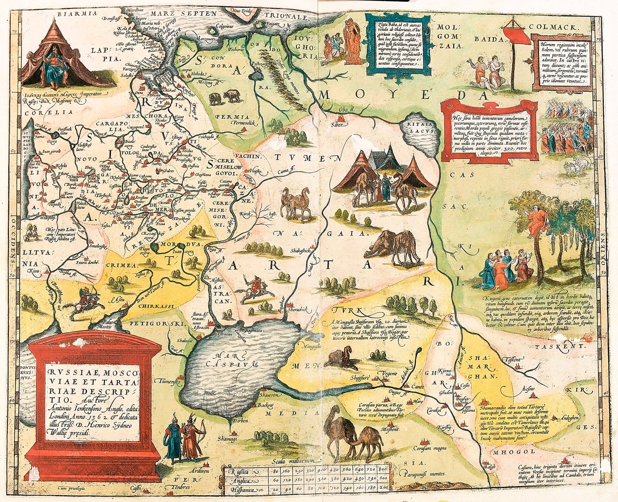 Rusko, Moskva a Tartarie. od Antonia Jenkensona Anglo, vydané v Londýně v roce 1562 Zeměpisná mapa území Ruska z „Theatrum Orbis Terrarum“ od Abrahama Orteliuse (Oertel, Ortell nebo Ortel od Abraham Ortelius