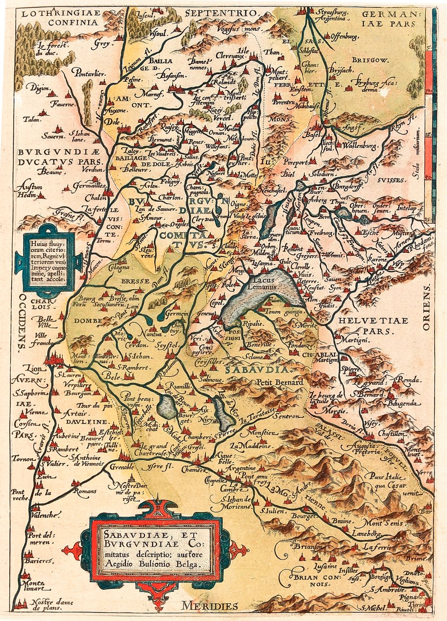 Popis Savojska a Burgundska Zeměpisná mapa území Burgundska a Savojska (Pontarlier, Dijon, Lac Leman a Švýcarsko) z "Theatrum Orbis Terrarum" od Abrahama Orteliuse (Oertel, Ortell nebo Ortel od Abraham Ortelius