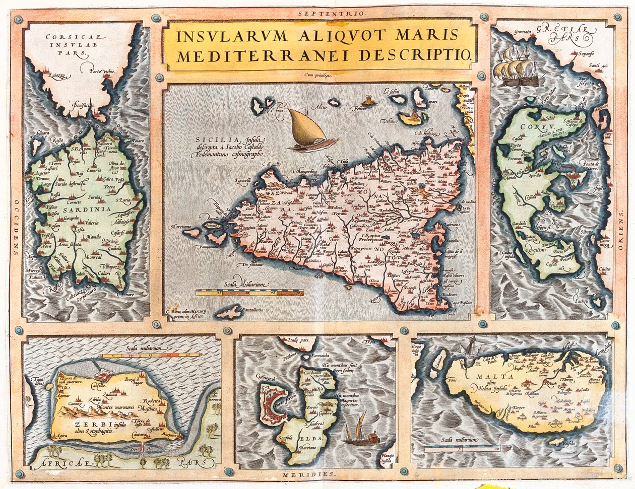 Sardinie, Sicílie, Korfu, Djerba, Elba, Malta, Itálie, Řecko, Tunisko, Malta od Abraham Ortelius