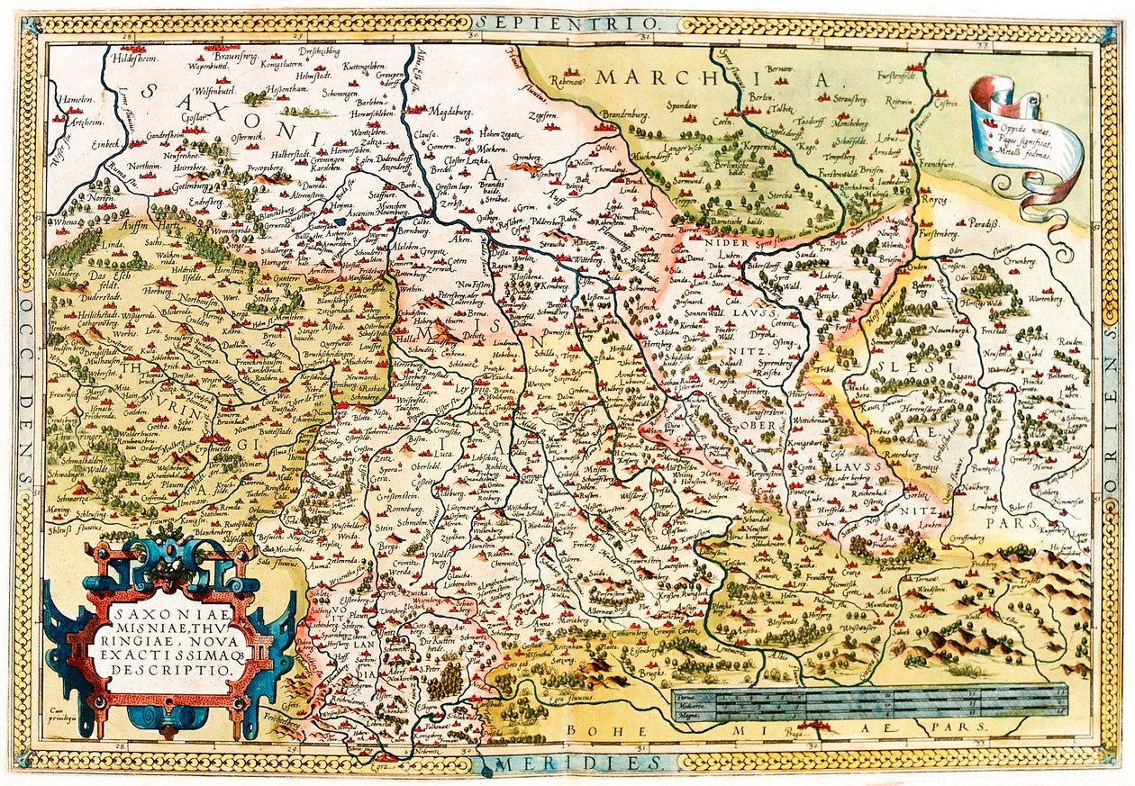Mapa území Saska, Durynska v Německu z „Theatrum Orbis Terrarum“ od Abrahama Orteliuse (Oertel, Ortell nebo Ortel od Abraham Ortelius