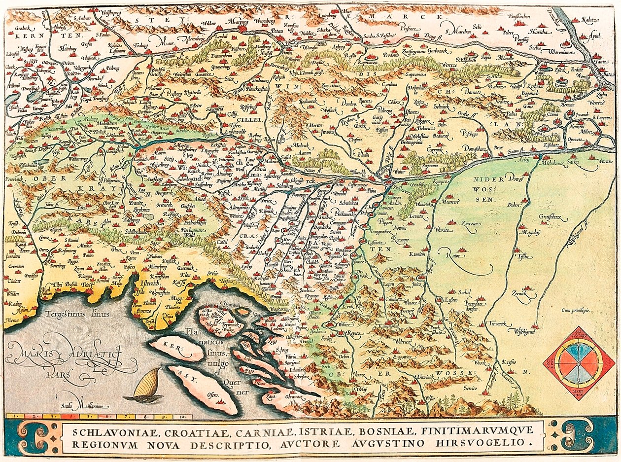 Schlavoniae, Chorvatsko, Carniae, Istrie, Bosnae, Bordereum Regionum Nova Descriptio, Authore Augustino Hirsuogelio Zeměpisná mapa území Slavonie, Chorvatska, Bosny a Dalmácie z "Theatrum Orbis Terrarum" od Abrahama Orteliuse od Abraham Ortelius