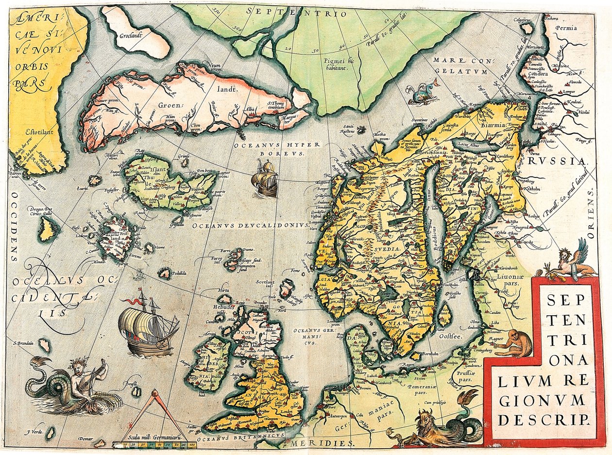 Popis. Geografická mapa Skandinávie a severní Evropy z „Theatrum Orbis Terrarum“ od Abrahama Orteliuse (Oertel, Ortell nebo Ortel od Abraham Ortelius