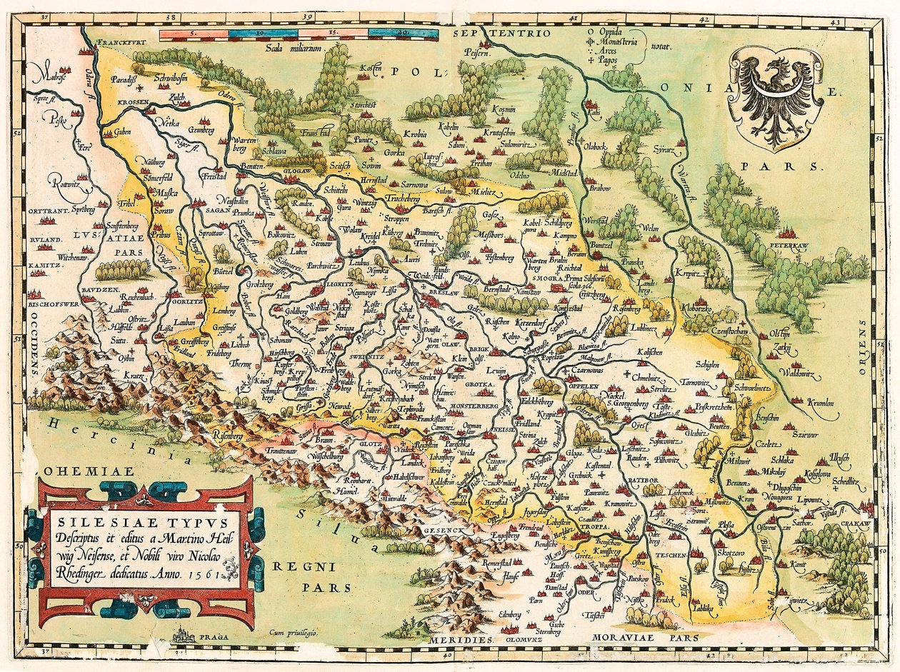 Slezsko Typ Popis a popis a upravil Martin Heilwid Neilsense a šlechtický manžel Nicolas Rhedinger Anno 1561 Zeměpisná mapa území jižně od Frankfurtu v Německu poblíž Polska z „Theatrum Orbis Terrarum“ od Abrahama Orteliuse ( od Abraham Ortelius