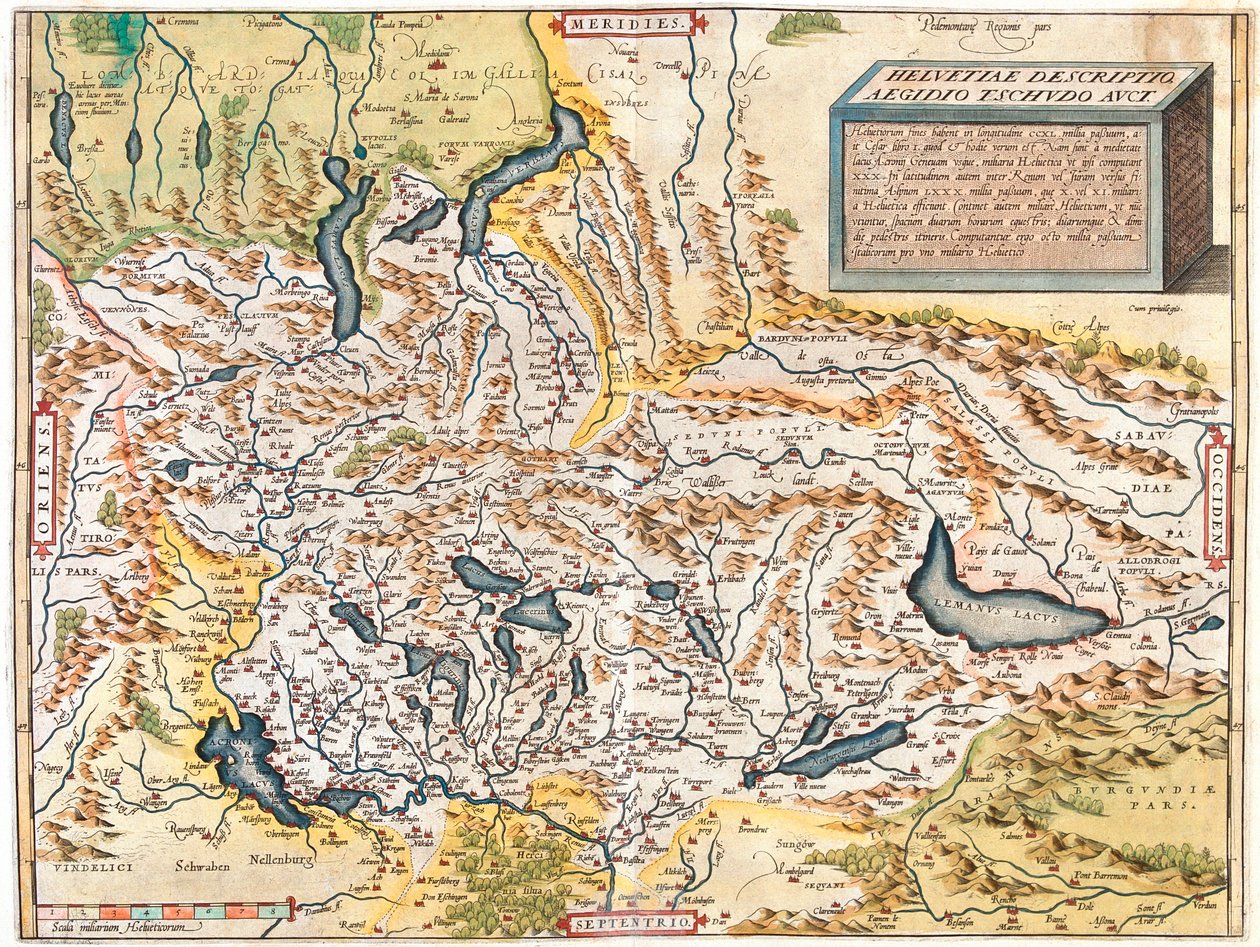 Švýcarsko, Německo (spolkové země: Bádensko-Württembersko, Bavorsko), Rakousko (spolková země: Voralberg), Lichtenštejnsko, Itálie (region: Trentino-Alto Adige, Lombardie, Piemont, údolí Aosta), Francie (region: Franche-Comté, Rhône-Alpes, Alsasko), od Abraham Ortelius