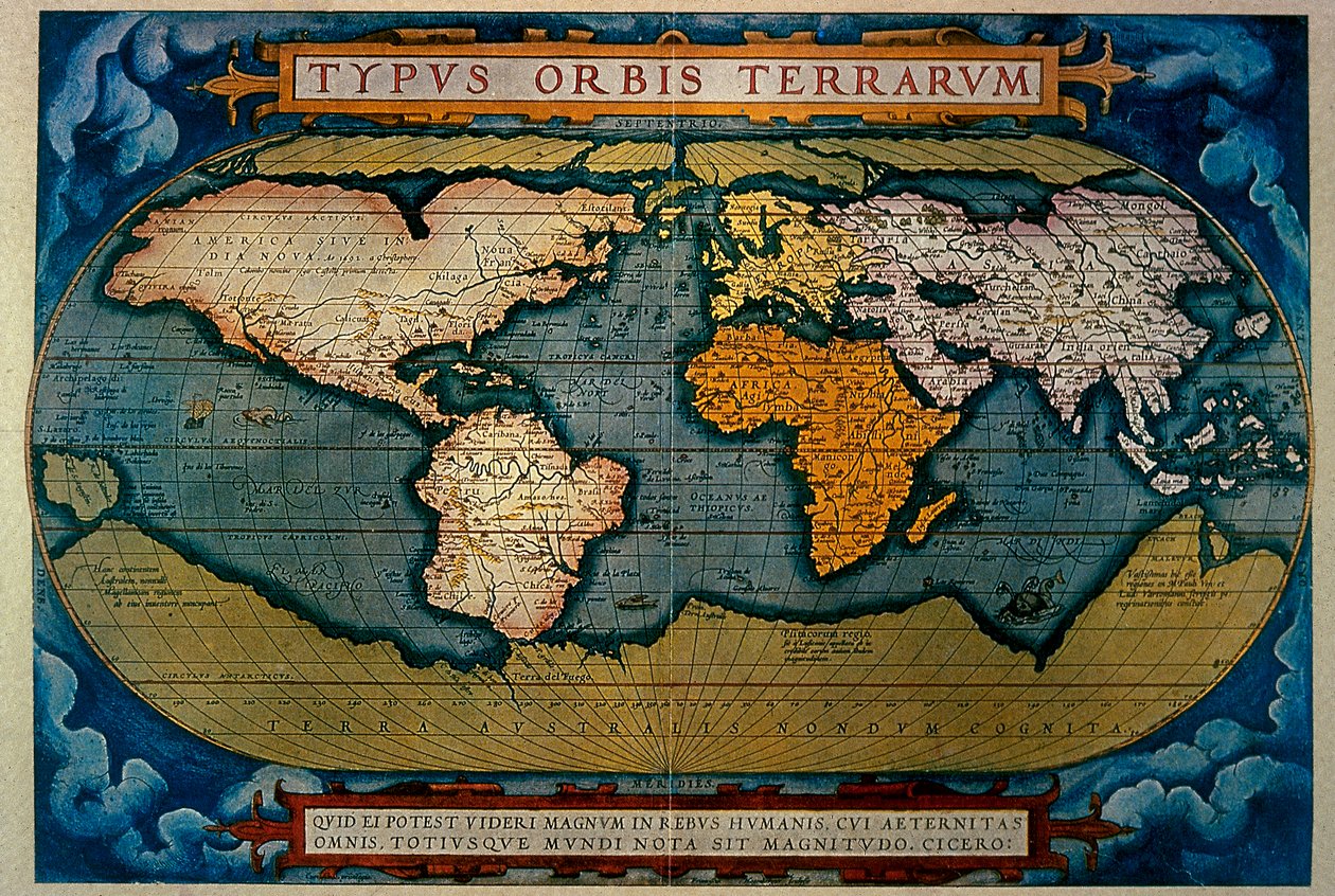 Planisphere, kartografie Anversa, 1571 od Abraham Ortelius