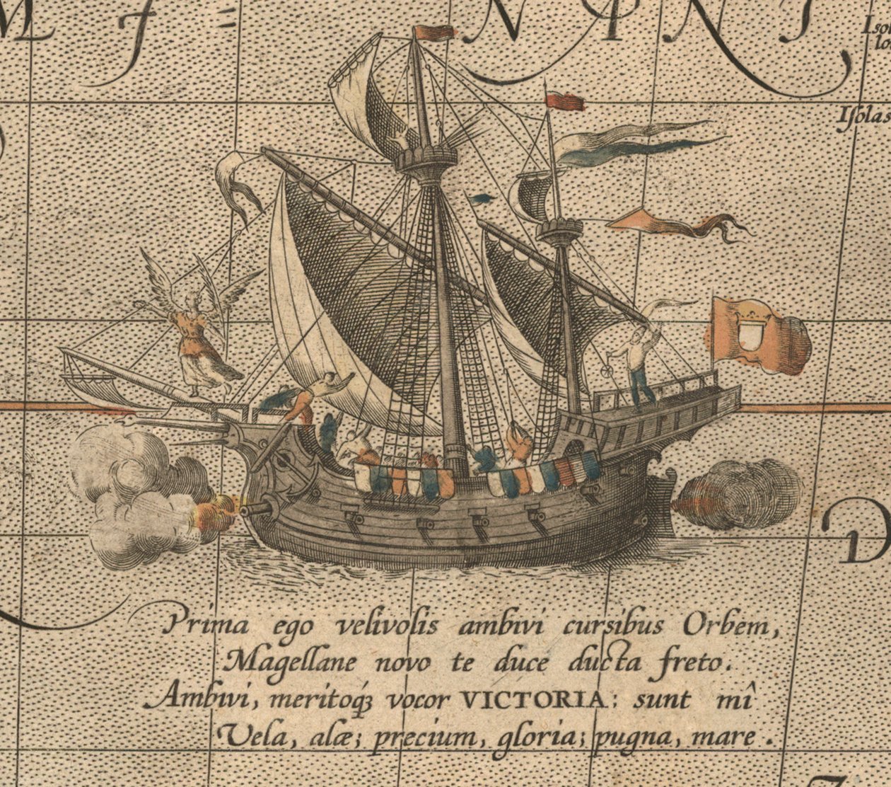 Victoria, španělská karaka, loď Ferdinanda Magellanse Armada de Molucca. Aus Maris Pacifik od Abraham Ortelius