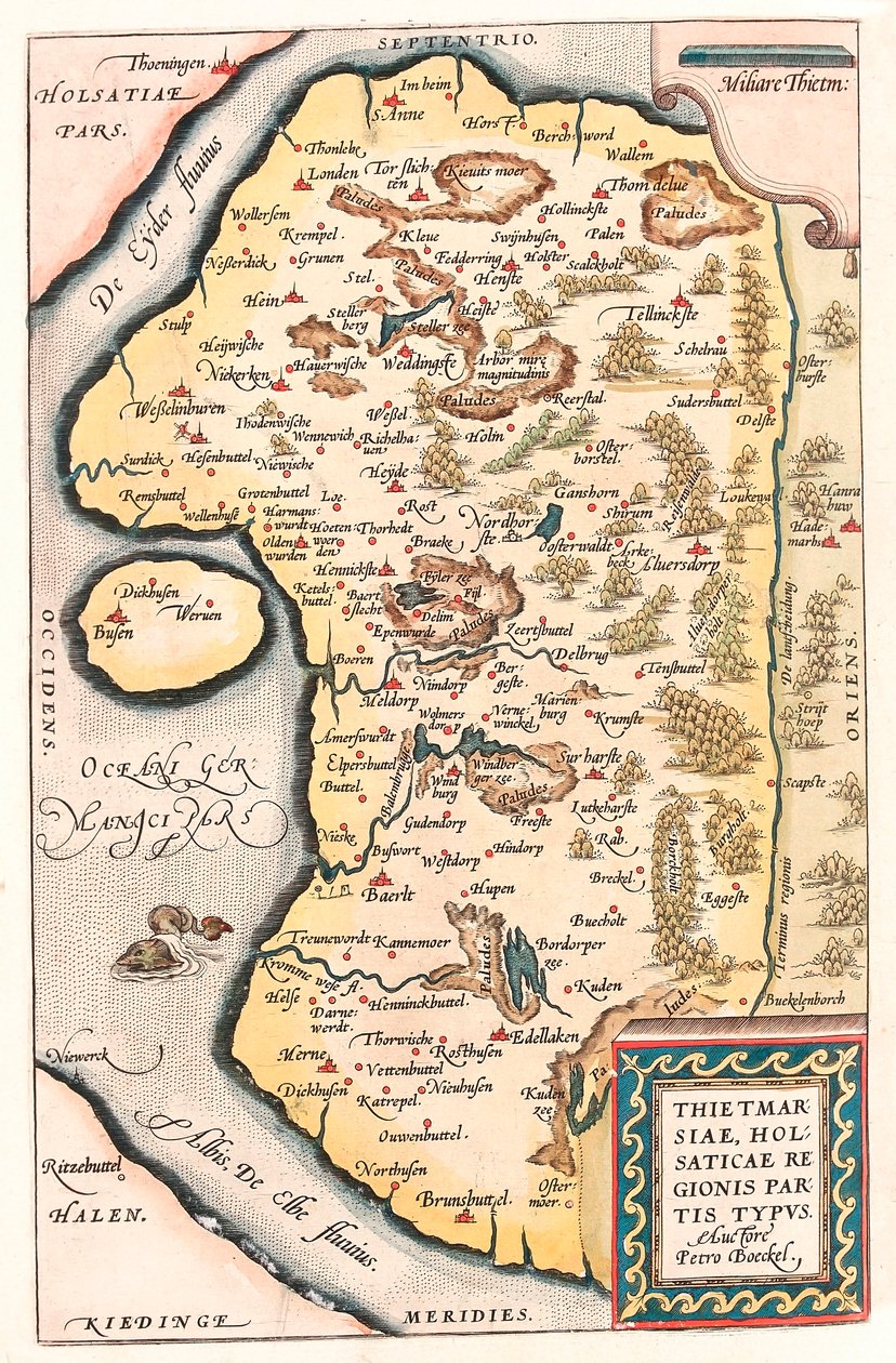 Thietmarsiae, Holsaticae regionální strany typus Zeměpisná mapa severního Německa s městem Kuden převzatá z „Theatrum Orbis Terrarum“ od Abrahama Orteliuse (Oertel, Ortell nebo Ortel). od Abraham Ortelius
