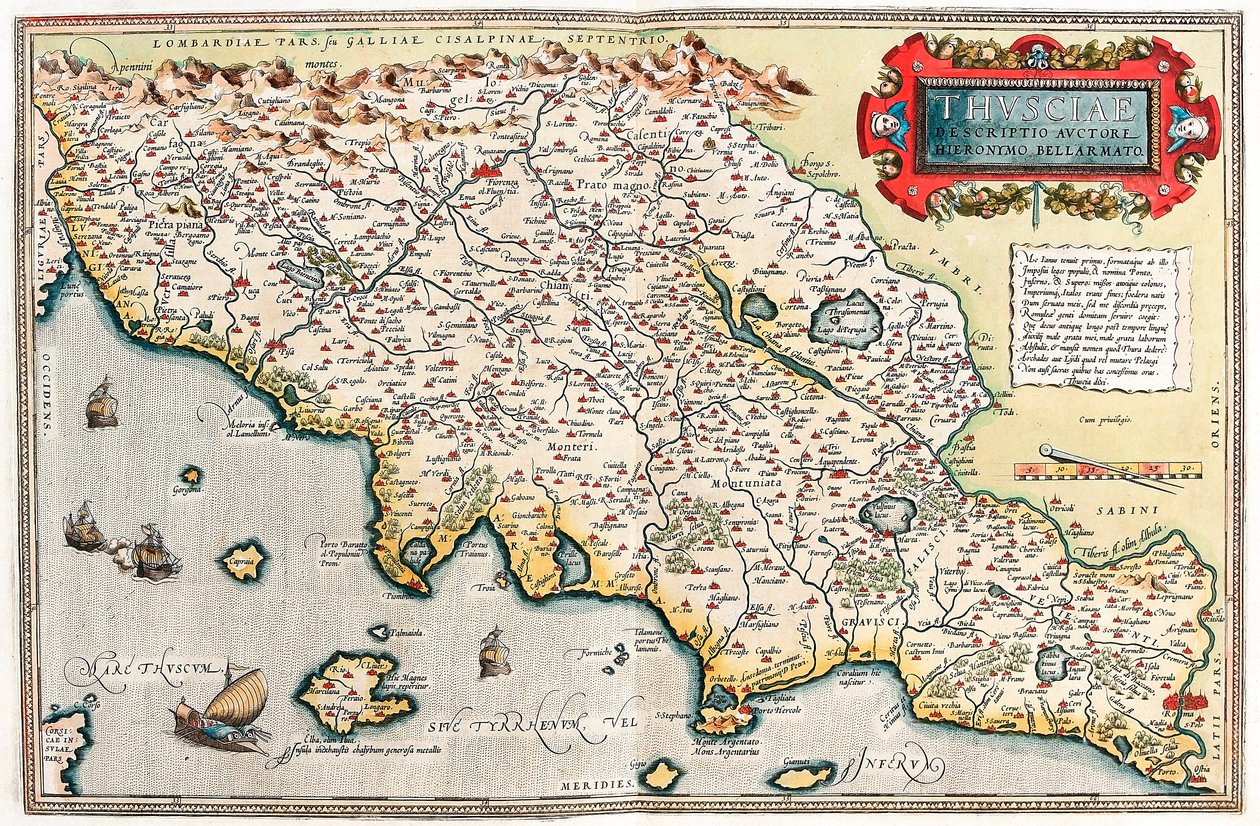 Theseciae Popis autora Hieronymo Bellamarto Zeměpisná mapa území Toskánska v Itálii z "Theatrum Orbis Terrarum" od Abrahama Orteliuse (Oertel, Ortell nebo Ortel od Abraham Ortelius