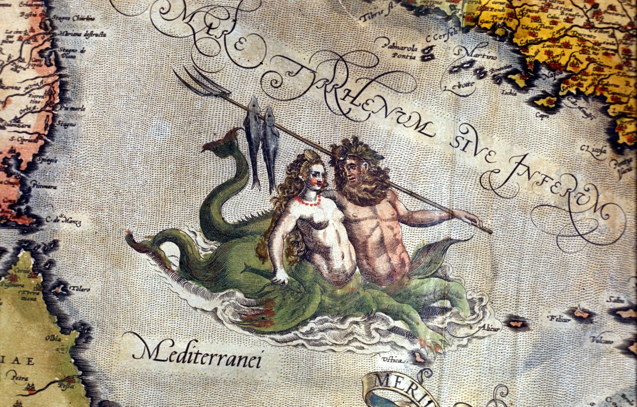 Triton a Siréna ve Středozemním moři. "Theatrum Orbis Terrarum" od Abrahama Ortelia, Antverpy 1584 od Abraham Ortelius