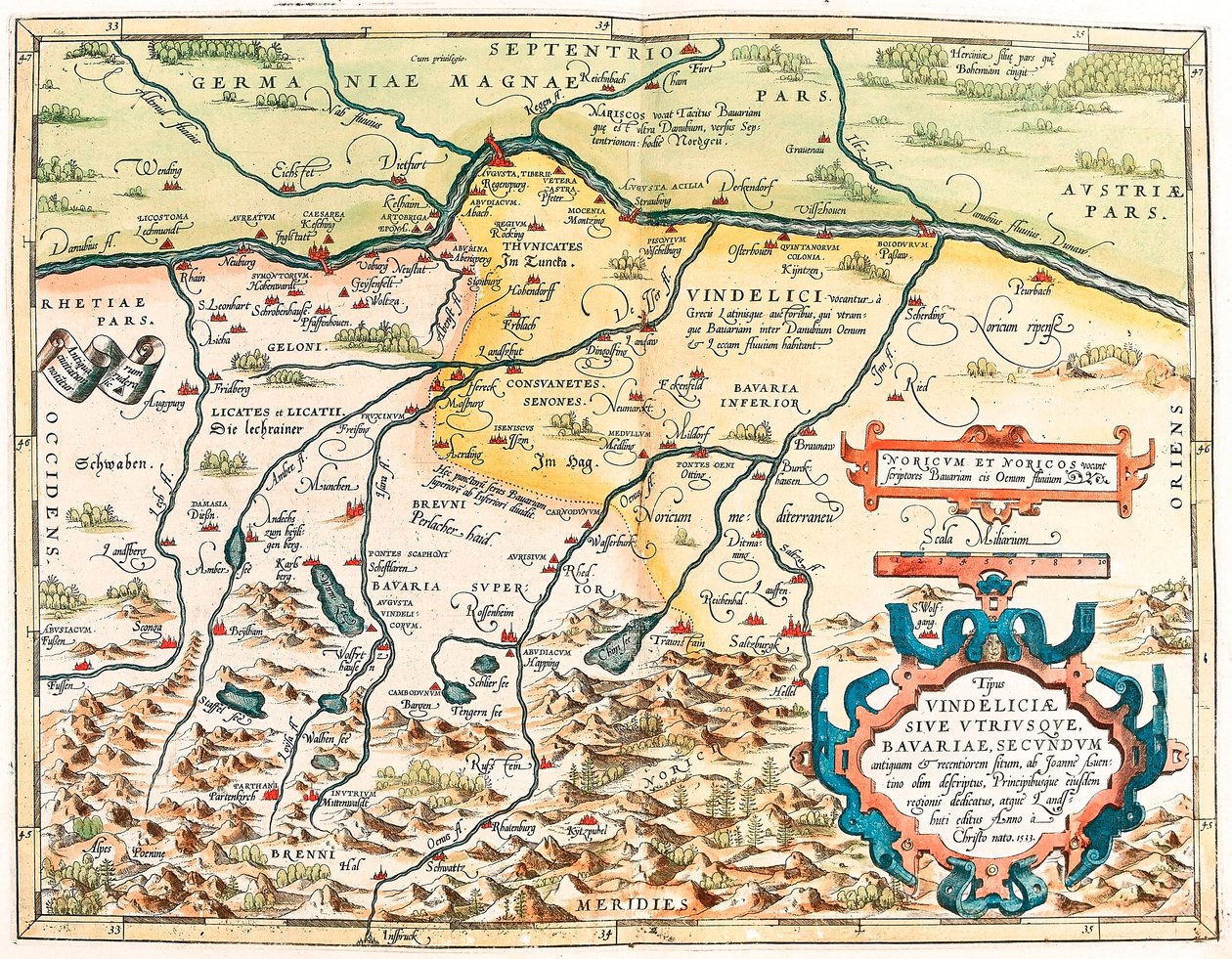 Typus Vindeliciae Ssive Oba Bavorsko: Podle starověkého a moderního místa popsaného Johnem Aventinem... Zeměpisná mapa území Baviere v Německu z „Theatrum Orbis Terrarum“ od Abrahama Orteliuse (Oertel, Ortell nebo Ortel od Abraham Ortelius