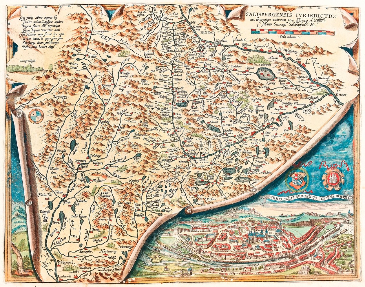 Skutečný popis města Salzburg Zeměpisná mapa území Salsburgu v Rakousku z „Theatrum Orbis Terrarum“ od Abrahama Orteliuse (Oertel, Ortell nebo Ortel od Abraham Ortelius