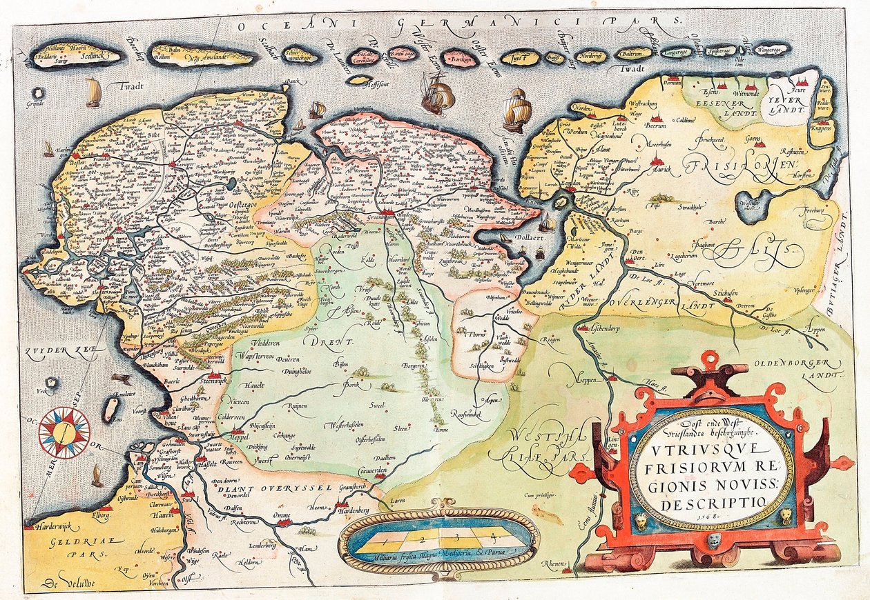 Oba z Frisii, z nového okresu. Popis Zeměpisná mapa území Nizozemska s městy Groningen (Groeningen) a Leeuwarden... převzato z „Theatrum Orbis Terrarum“ od Abrahama Orteliuse (Oertel, Ortell nebo Ortel od Abraham Ortelius