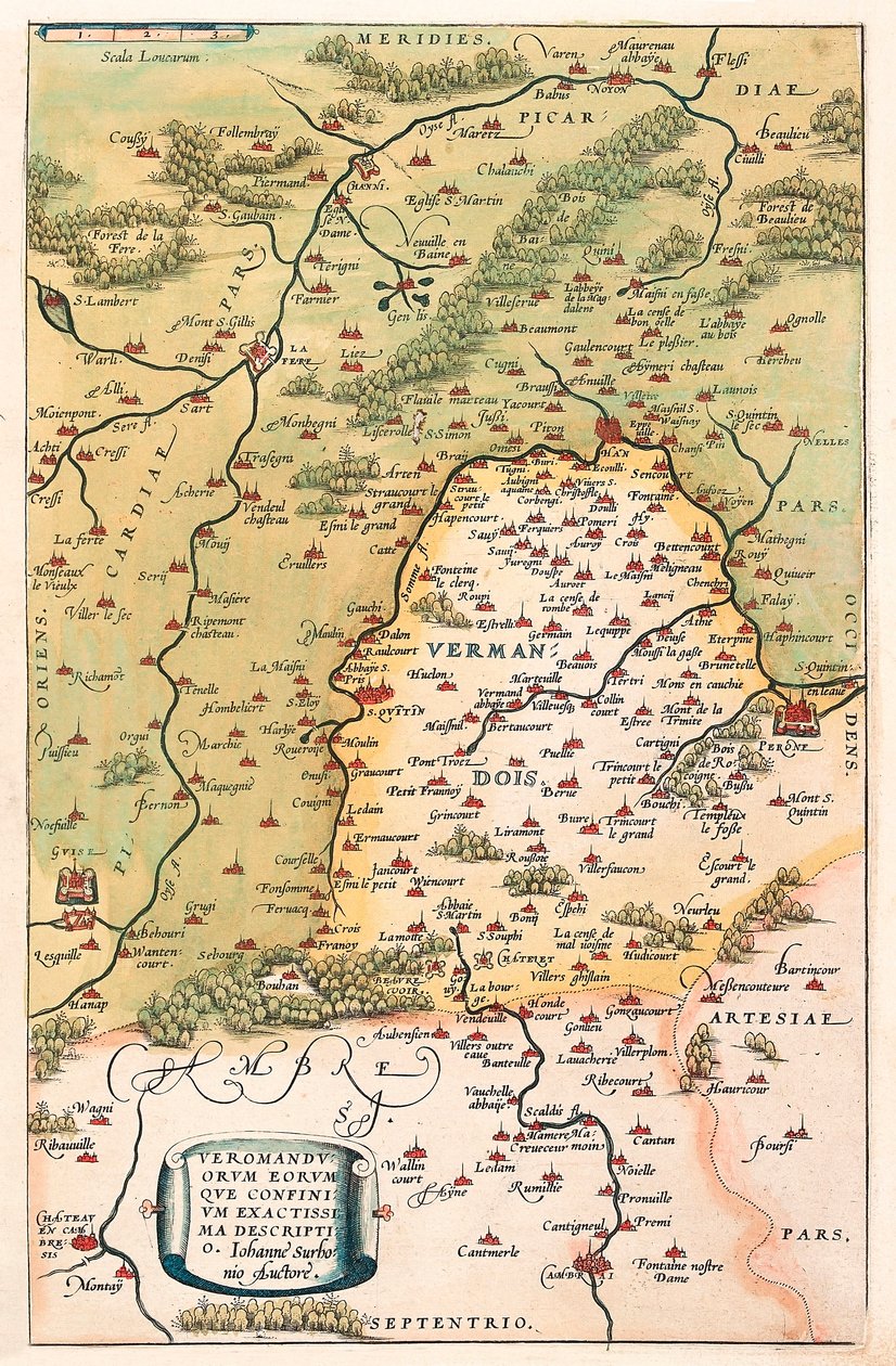 Popisná zeměpisná mapa území Vermandois a Pikardie v Galii (Francie) z „Theatrum Orbis Terrarum“ od Abrahama Orteliuse (Oertel, Ortell nebo Ortel od Abraham Ortelius