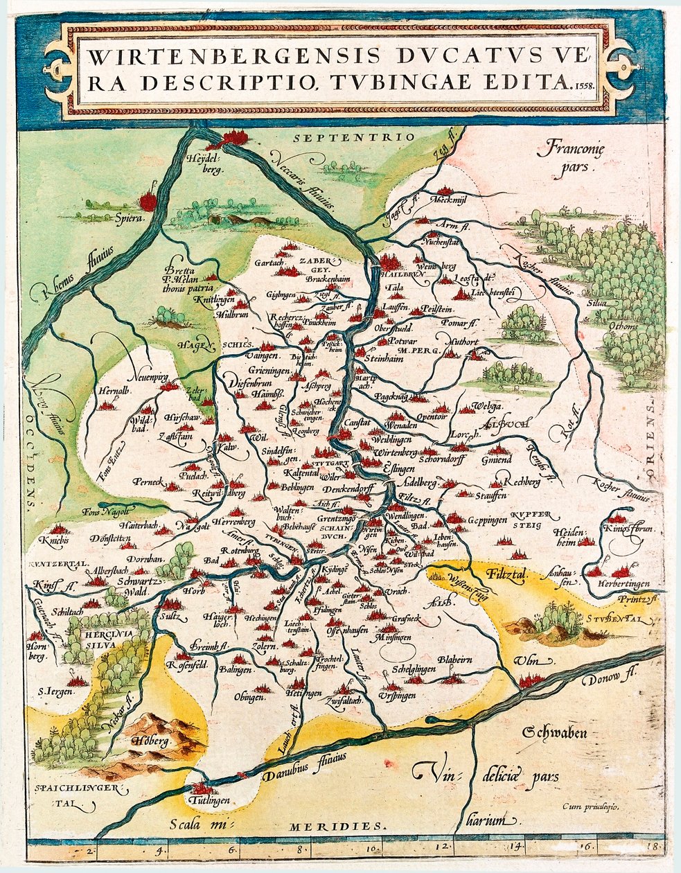Skutečný popis dukátu z Wirtenbergu, Tubingae, vydaný v roce 1558 Zeměpisná mapa Bádenska-Württemberska (Bádensko-Württembersko) území Německa převzatá z „Theatrum Orbis Terrarum“ od Abrahama Ortelia (Oertel, Ortell nebo Ortel od Abraham Ortelius