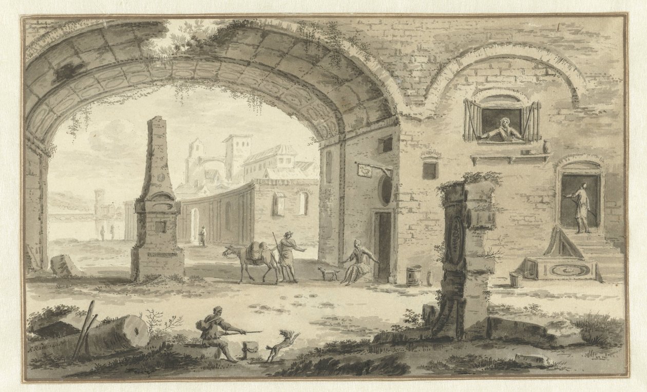 Fantazijní italské panoráma města s klasickými budovami a výhledem pod oblouk od Abraham Rademaker