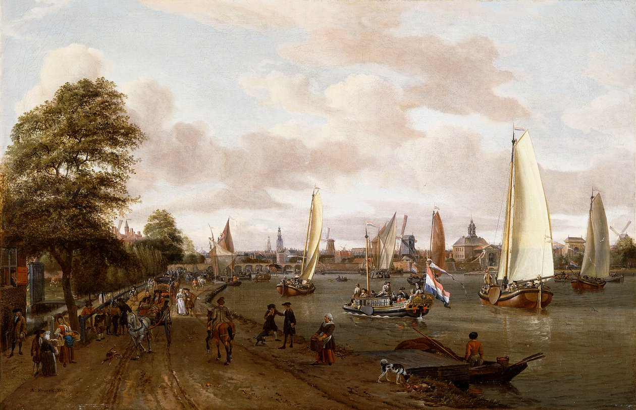 Panoramatický pohled na Amsterdam s člunem a malými loděmi na Buiten-Amstel, od Abraham Storck