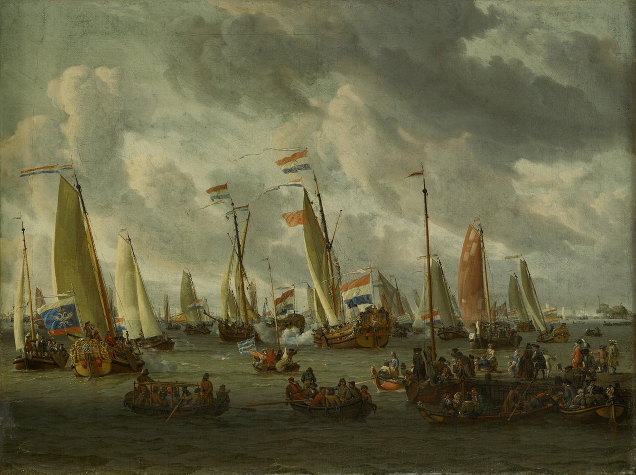 Předstíraná námořní bitva na IJ na počest moskevského vyslanectví (1. září 1697) od Abraham Storck