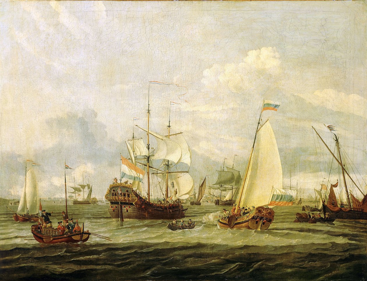 Ruský car Petr Veliký (1672-1725) při prohlídce lodi v Amsterdamu (Nizozemsko). Olej na plátně, autor Abraham Storck (1635-1710). od Abraham Storck