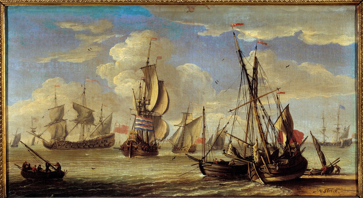 Lodě a čluny na moři Paintrue od Abrahama Storcka (1635-1710) (ek.holl.) 17. století ne. 0,22x0,41m. . od Abraham Storck
