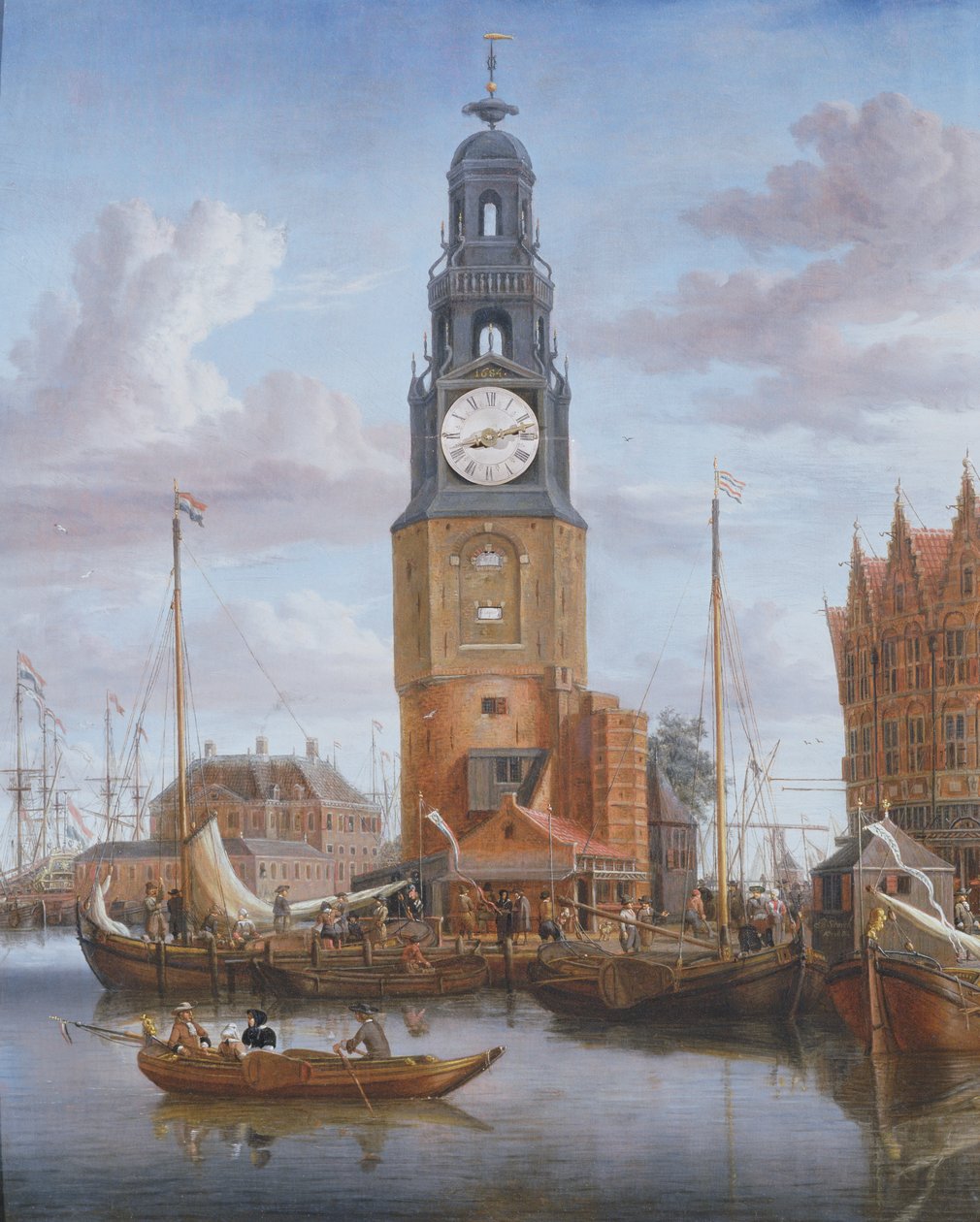 Pohled na Haringspacker Tower v Amsterdamu, s funkčním ciferníkem zasazeným do obrazu, 1684 (panel) od Abraham Storck