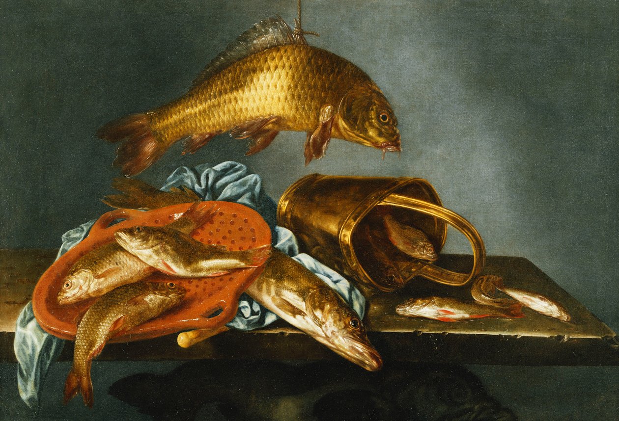 Štika, kapr, lín a plotice se sítem a mosazným vědrem na římse, 1661 od Abraham Susenier