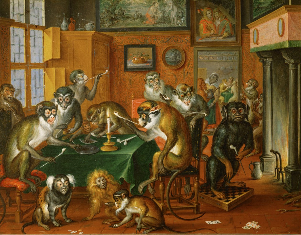Tabakskollegium von Affen - Kuřácká společnost opic... (olej na mědi) od Abraham Teniers