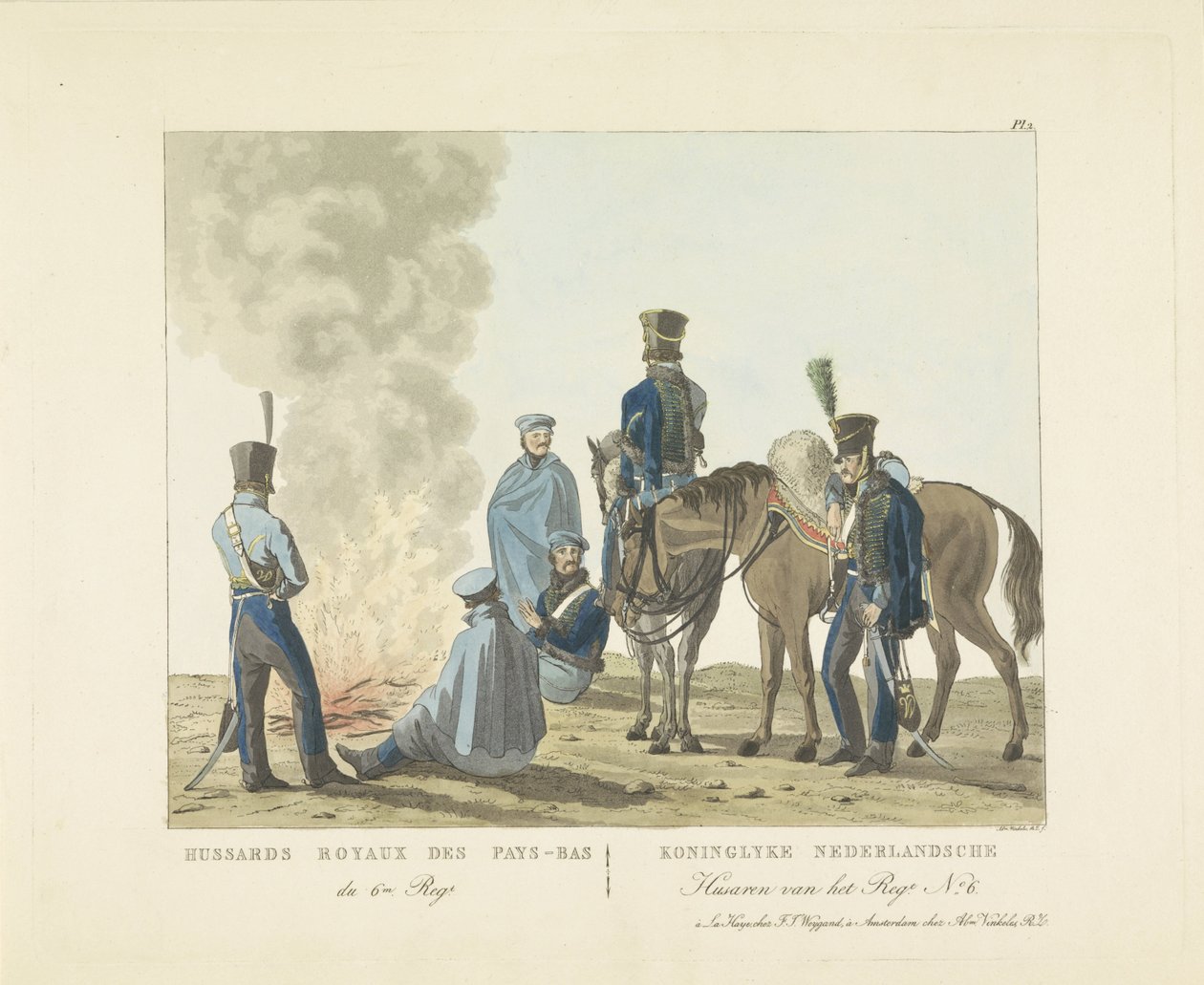 Husaři 6. pluku, 1820-1825 Hussards Royaux des Pays-Bas du 6m. že jo. / Koninglyke Nederlandsche Husaren z Regt. Ne. 6 (název na objektu) od Abraham Vinkeles