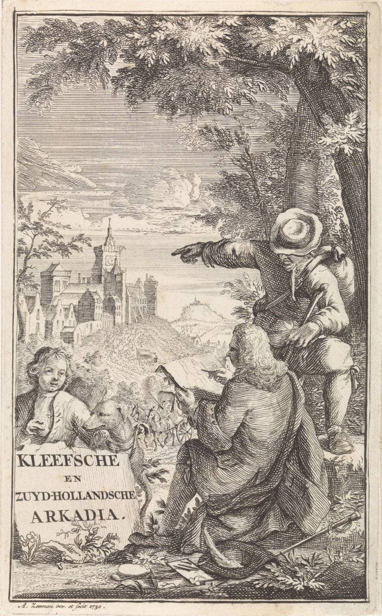 Cestovatel kreslí město Kleve Titulní strana pro: C. Bruin, Kleefsche a Zuid-Hollandsche Arkadia (...), 1730 od Abraham Zeeman