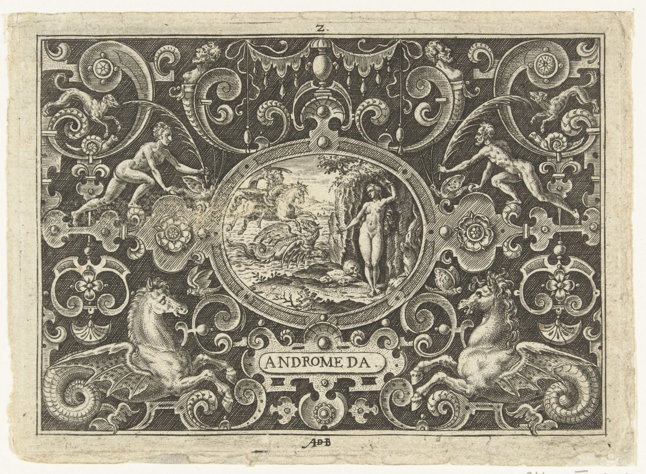 Kartuše: Perseus osvobozuje Andromedu Oválné kartuše s výjevy ze života Persea v rámci grotesek (název série) Andromeda (název na objektu) od Abraham de Bruyn
